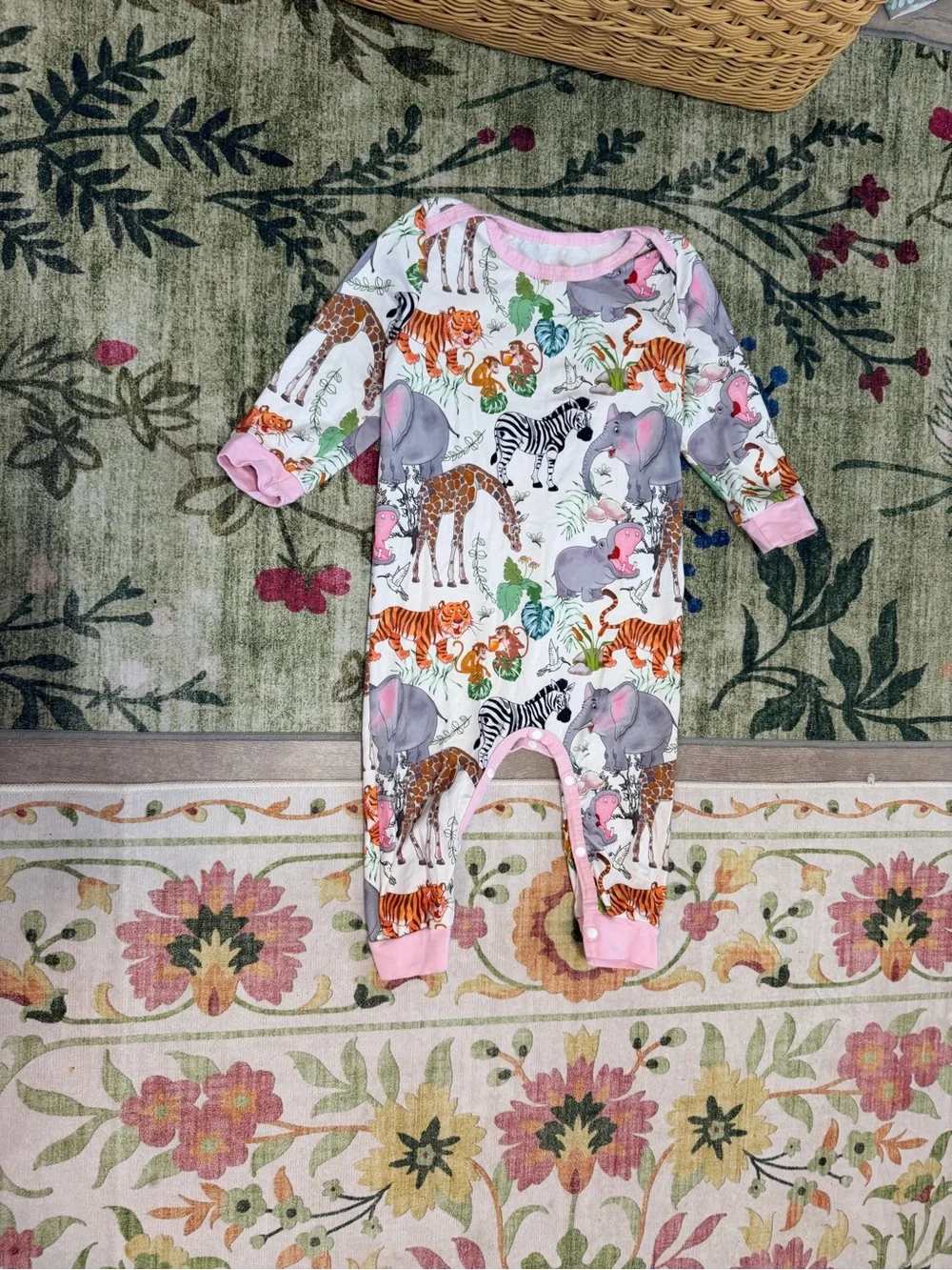Pink-Trim Safari Animal Print Footie Pajamas for Kids